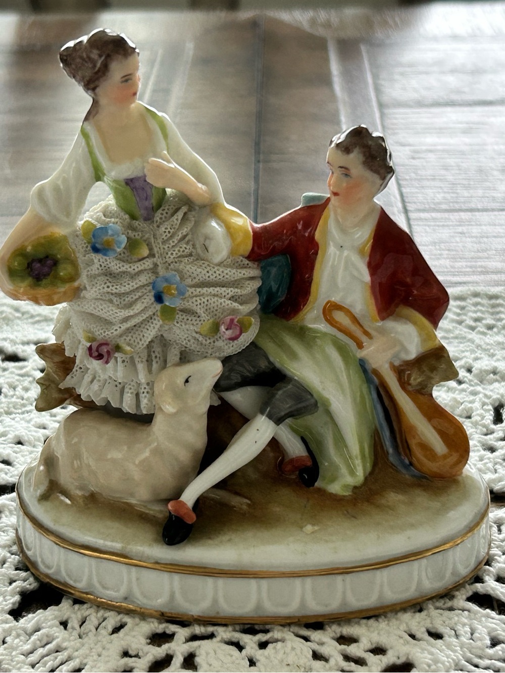 Vintage Courting Couple with Ceramic Lace Skirt